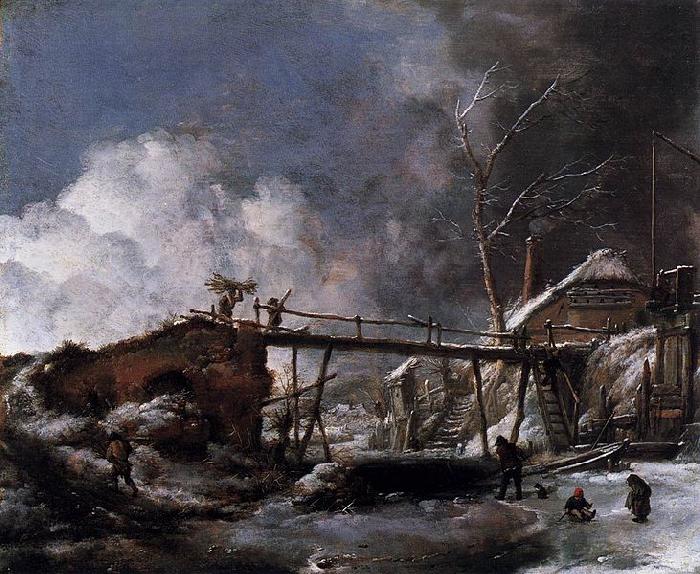 Philips Wouwerman Winter Landscape with Wooden Bridge Germany oil painting art